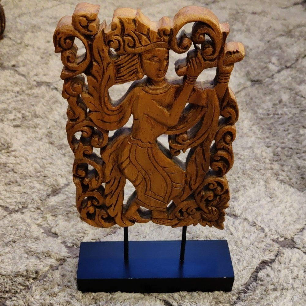 Hand Carved Balinese Wooden Dancer Sculpture Traditional Relief Figure on Stand